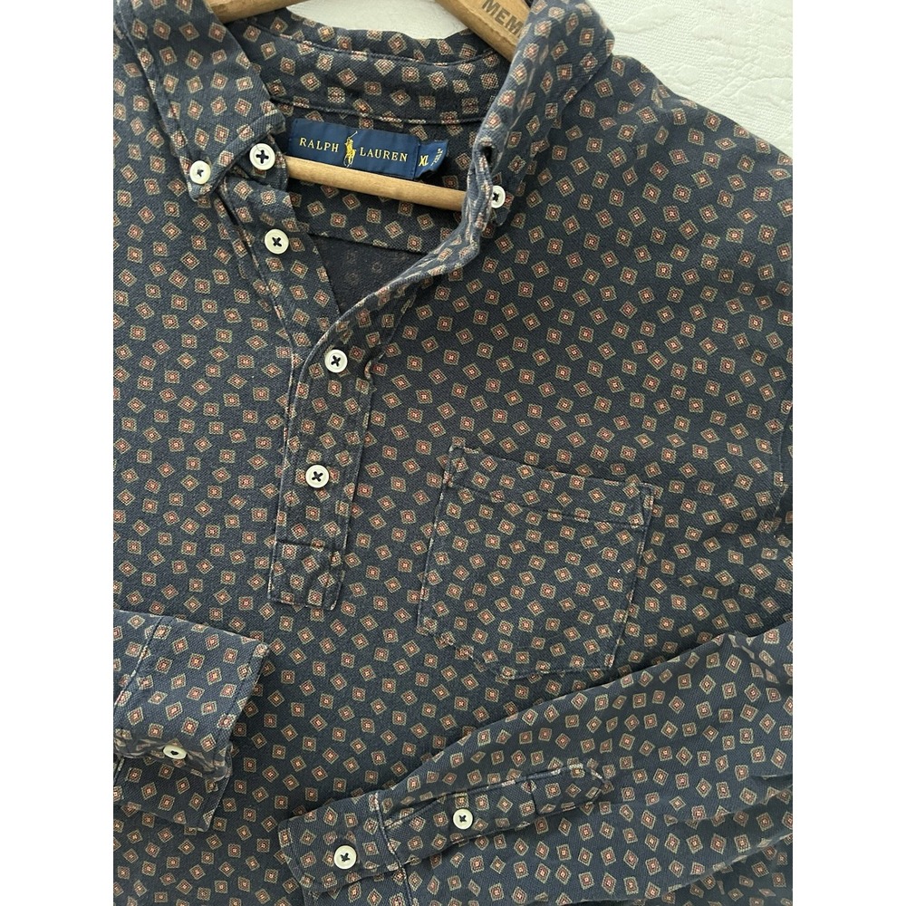 Polo Ralph Lauren Mens XL Pique Knit Long Sleeve Polo Shirt Pocket AOP Geometric